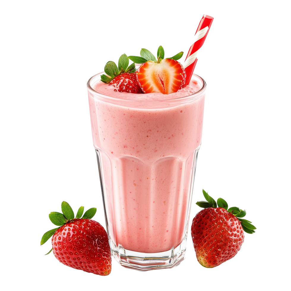Refreshing strawberry smoothie served in a tall glass with fresh strawberries on a transparent background, Strawberry smoothie isolated on transparent background png
