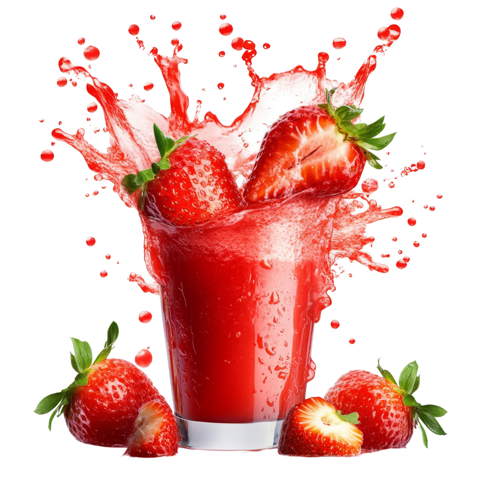 Refreshing strawberry juice splashes from a glass with fresh strawberries in bright surroundings, Strawberry juice splashing with its fruits isolated png