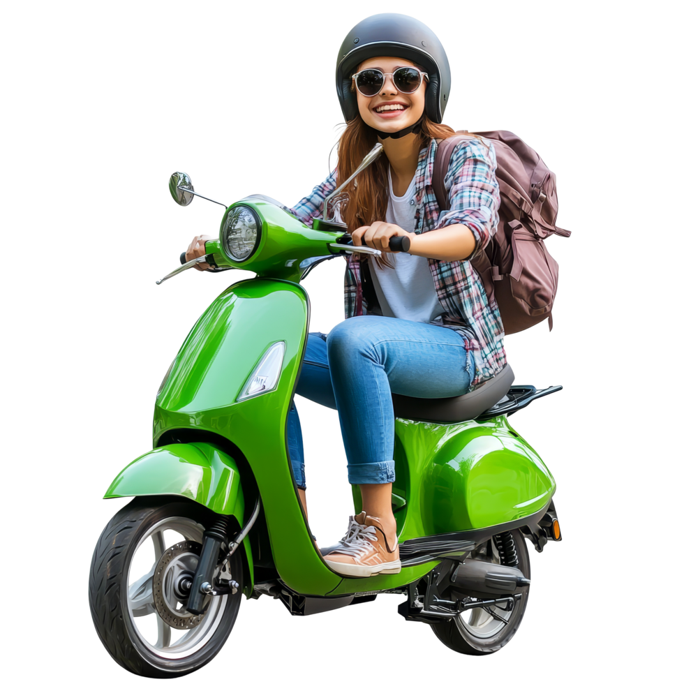 Happy student riding an ecofriendly scooter with a backpack in a sunny urban setting, file no background Happy student riding an ecofriendly scooter png