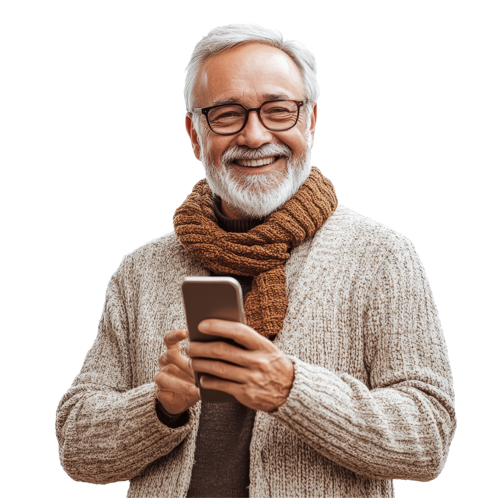 Smiling senior man wearing a scarf enjoys using his phone in a bright, cheerful setting indoors, Smiling Senior Man with Phone on transparent background png