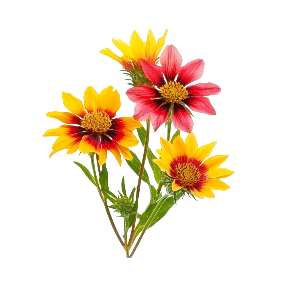 Colorful gaillardia flowers arranged on a flat transparent background showcasing natures vibrant beauty, gaillardia flowers, flat, isolated transparent background png