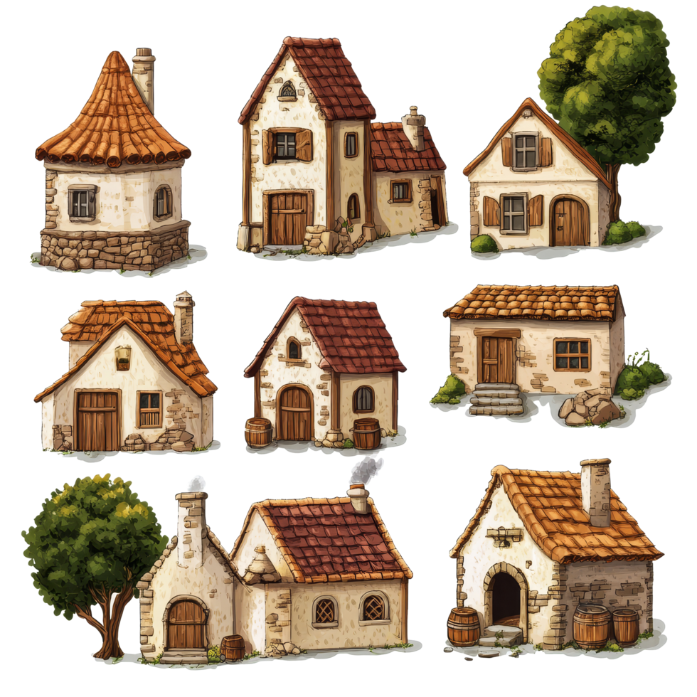 Charming village buildings in RPG style with varied architecture set against a bright transparent background, Village buildings 2d rpg style view on transparent background png