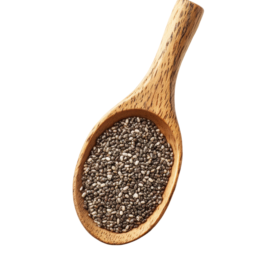 Chia seeds in a wooden spoon on a transparent background highlighting their nutritional benefits and culinary uses, Chia seeds in wood spoon isolated on transparent background png