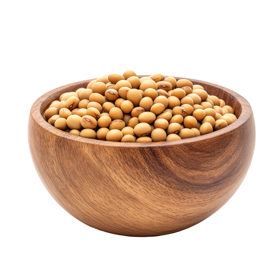 Freshly harvested soybeans in a wooden bowl displayed against a clean transparent background for culinary use, Soybeans in wood bowl isolate on transparent background png
