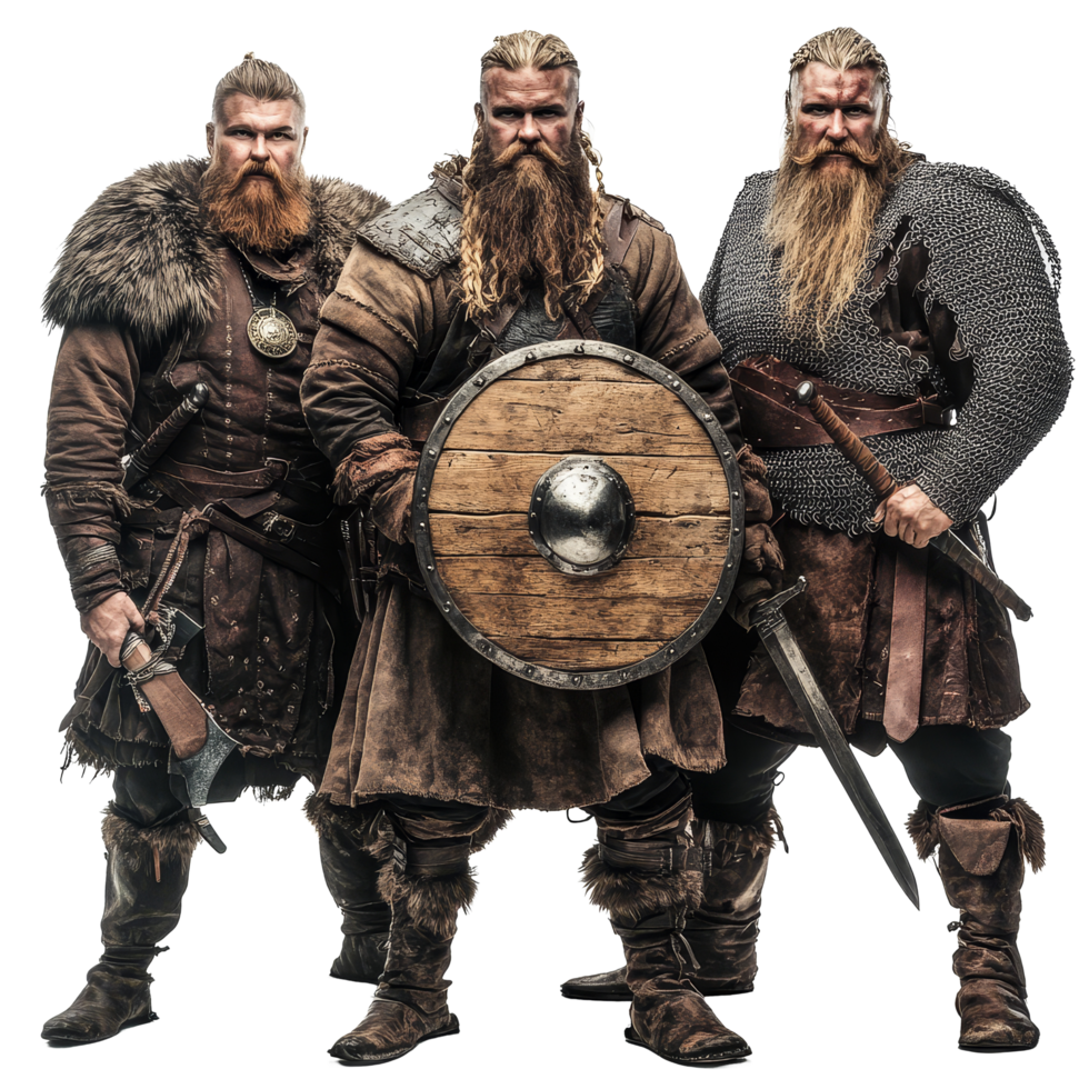 Viking warriors in traditional gear pose confidently against a transparent background, showcasing their heritage and strength, Viking Warriors in Traditional Gear on transparent background png