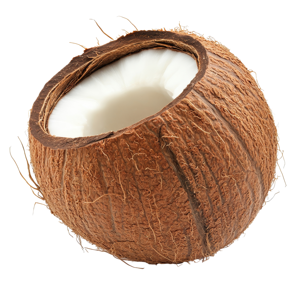 A fresh coconut cut in half, revealing transparent flesh and brown outer shell, isolated against a transparent background for a clean, vibrant look, coconut isolated on transparent background png
