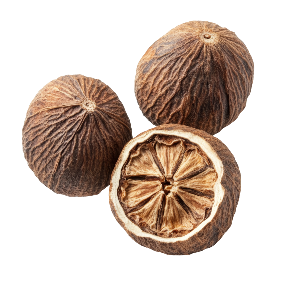 Dried nutmeg spices on a transparent background showcasing their unique texture and natural form, Dry nutmeg isolated on transparent background png