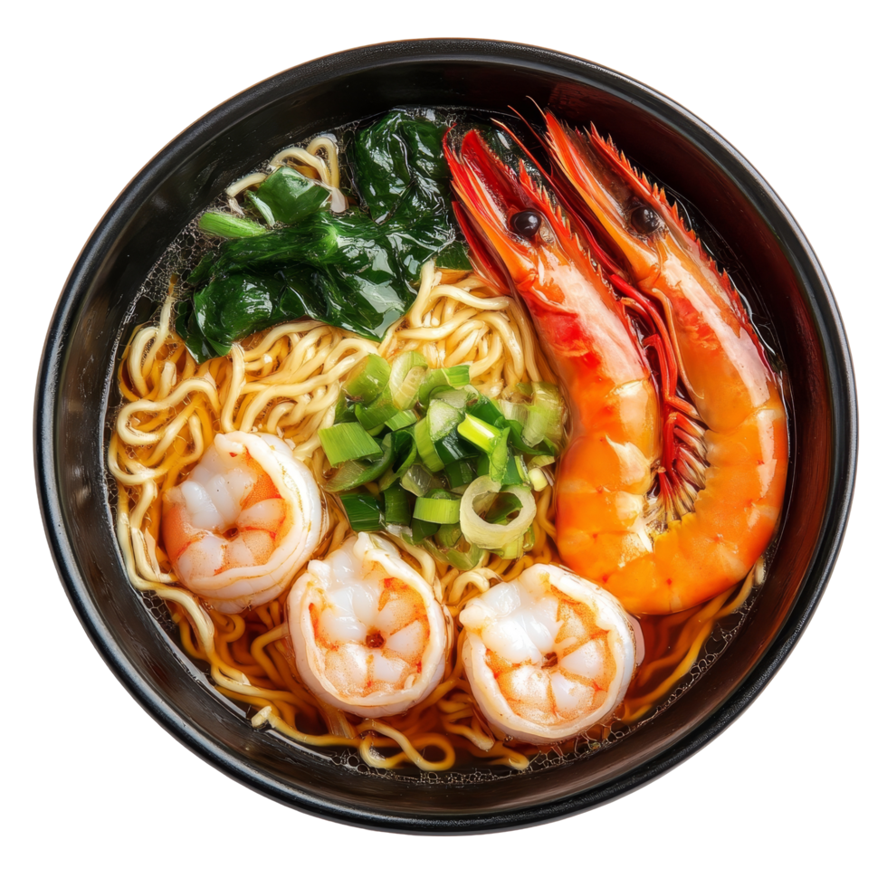 Delicious serving of Japanese shrimp ramen soup with vibrant ingredients showcasing culinary artistry, Isolated portion of japanese shrimp ramen soup png