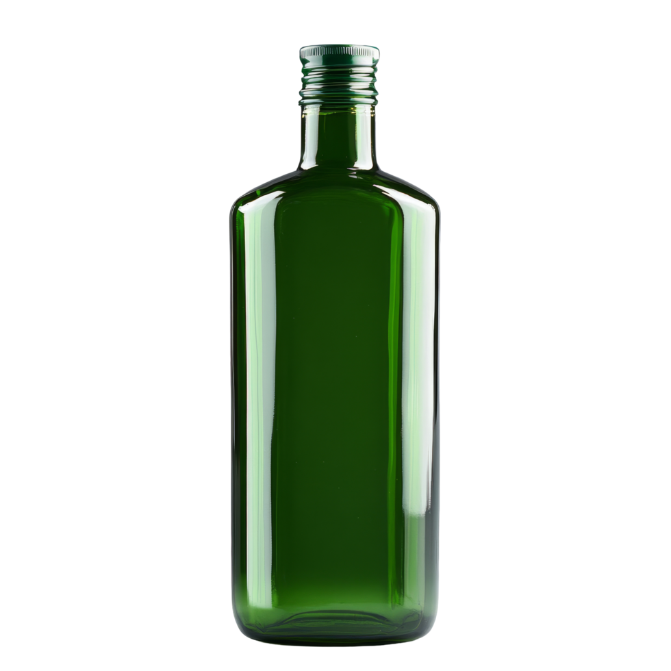 Empty green glass bottle without a cap on a plain gray background, showcasing its smooth shape and rich color, Green bottle no cap png