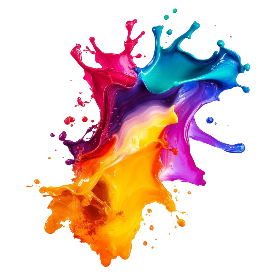 Vibrant rainbow ink splashes create dynamic art in fluid forms and colors, rainbow colored gradient liquid ink splash artflowing color mixfluid wave png