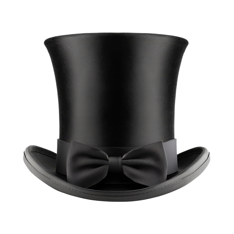 Classic black top hat with a bow tie resting against a transparent background, perfect for formal events or theatrical performances, Classic black top hat isolated transparent background png