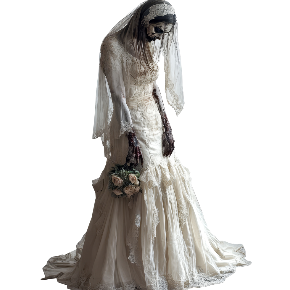 A spooky zombie bride stands alone in a transparent backdrop, haunting with her frozen face and tattered gown, Scary zombie bride isolated on transparent background png