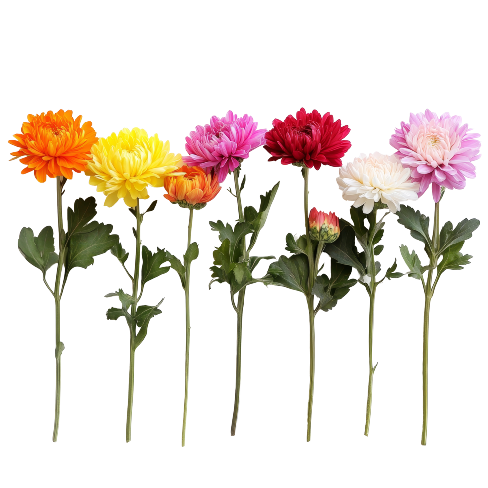 A vibrant row of colorful chrysanthemum flowers isolated on a transparent background showcasing their natural beauty, row of colorful chrysanthemum flowersfile of isolated object on transparent png