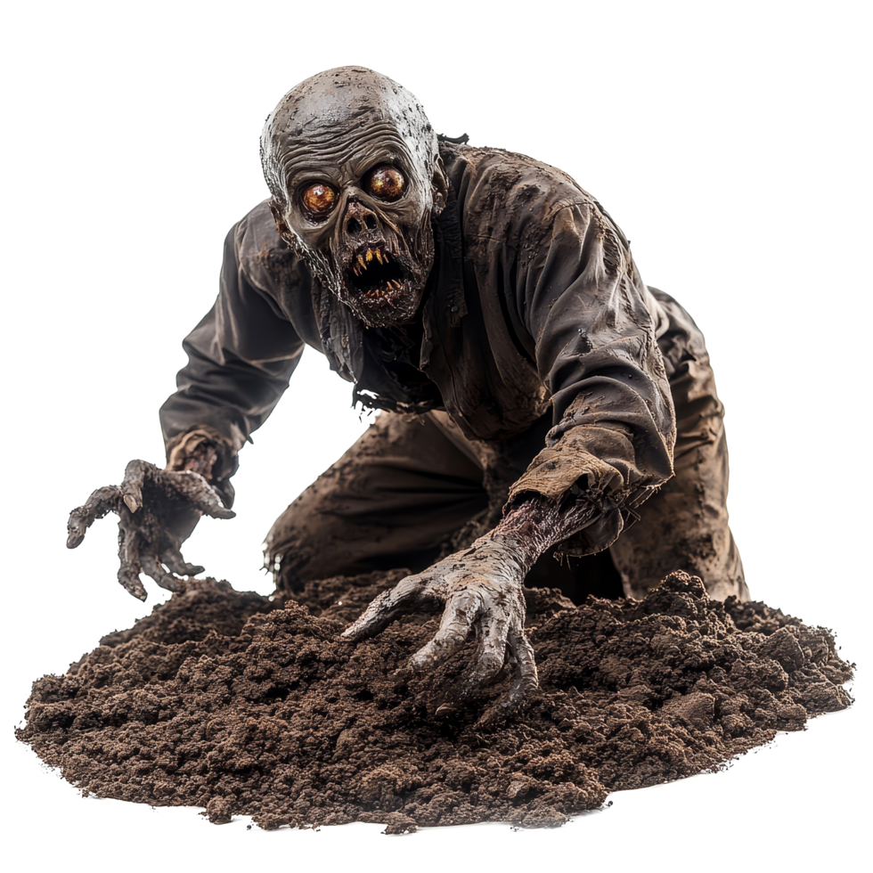 A spooky zombie emerging from the soil of a grave, ready to haunt the living on a dark night, zombie coming out on the soil or grave isolated on transparent background png