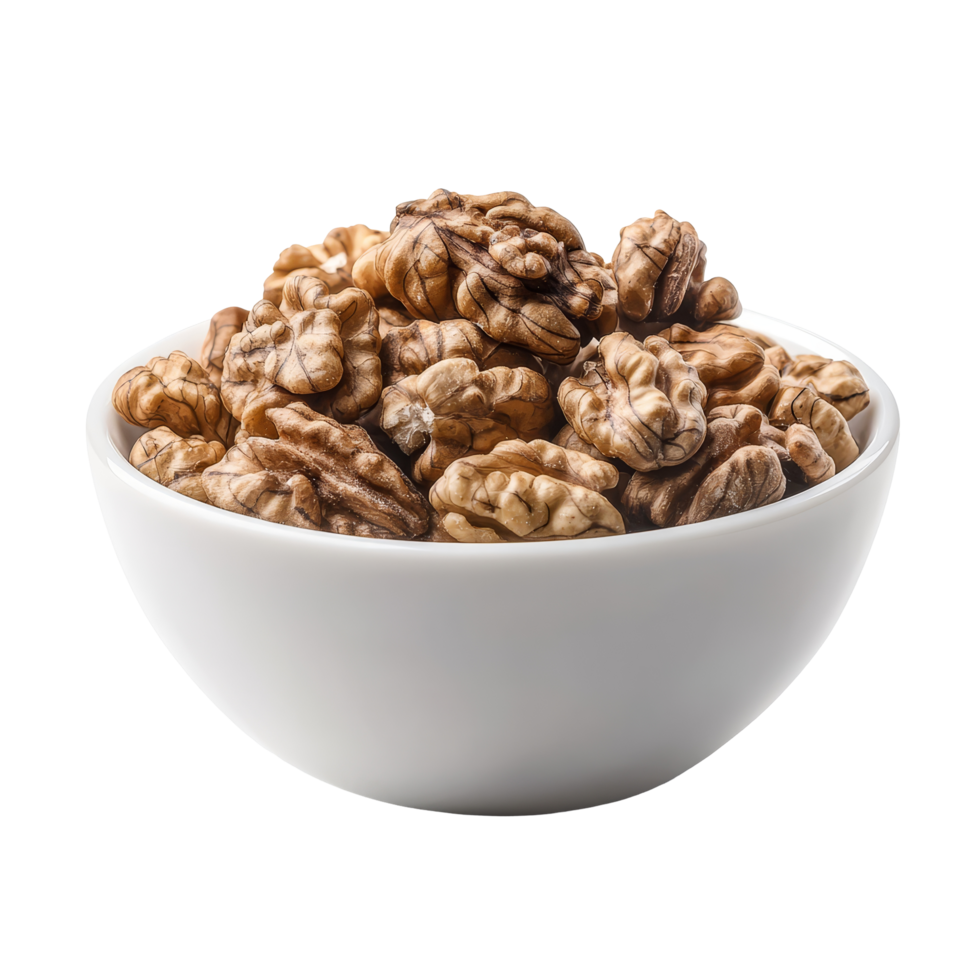 A transparent bowl filled with fresh walnuts isolated on a clean background for culinary and decorative use, Walnuts in transparent bowl isolated on transparent background png