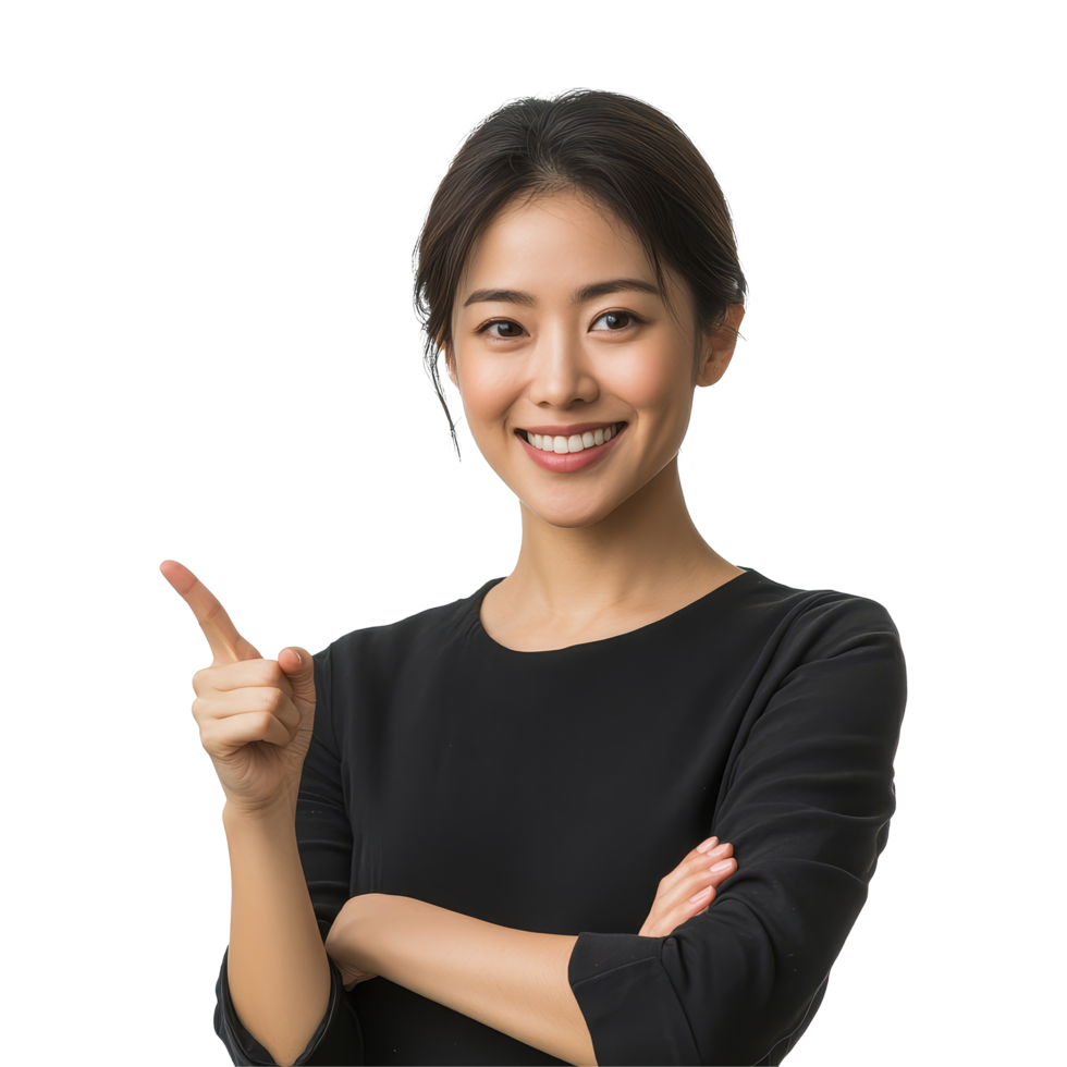 Smiling Asian woman joyfully pointing to the side in a bright setting, Asian Smiling woman pointing finger to the side with copy space isolated transparent background png