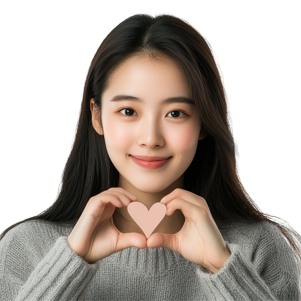Young Asian woman playfully shows mini heart fingers against a plain transparent background during, Young Asian woman shows mini heart fingers on , transparent background, isolated on transparent png