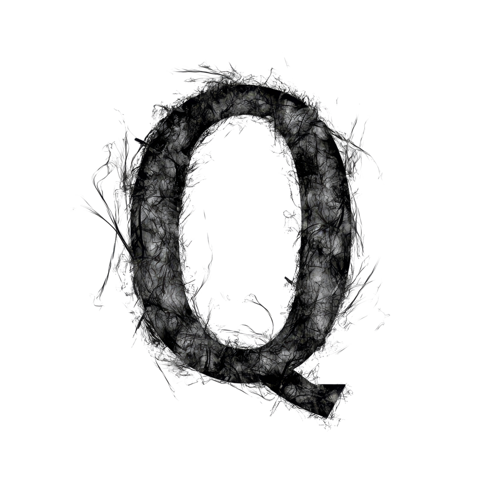 A stylized representation of the consonant letter Q created artistically on a transparent background, showcasing unique textures, consonant letter q is used to make words on transparent backgroundfile png