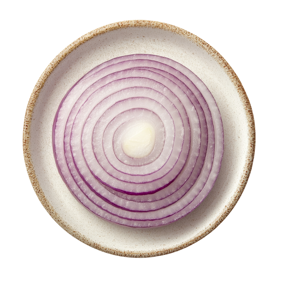 Sliced onion arranged beautifully on a plate isolated against a clean transparent background for culinary purposes, slice onion in a plate isolated on transparent background png