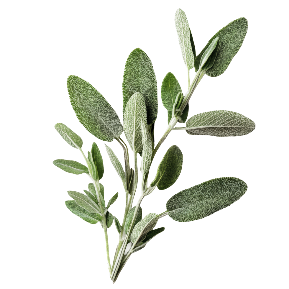 Fresh sage plant leaves arranged on a clean transparent background, highlighting their vibrant green color and texture, Sage plant on transparent background png