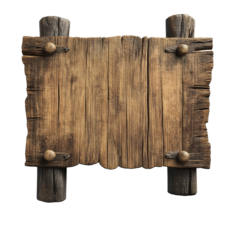 Old rustic wooden sign isolated against a clean transparent background, perfect for adding charm to any project or decor, old wooden sign isolated on transparent background png