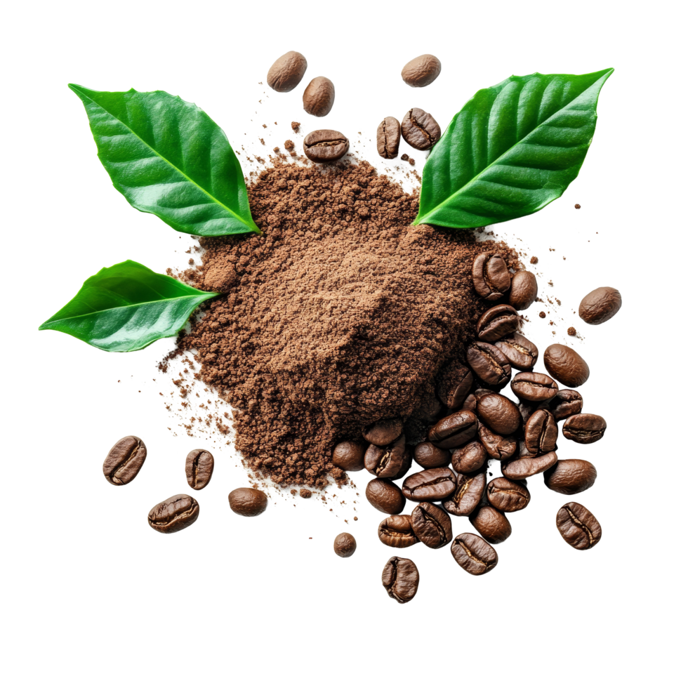 Instant coffee grains with fresh leaves on a transparent background displaying a rich coffee texture and aroma, coffee grains. instant coffee and leaves on transparent background png