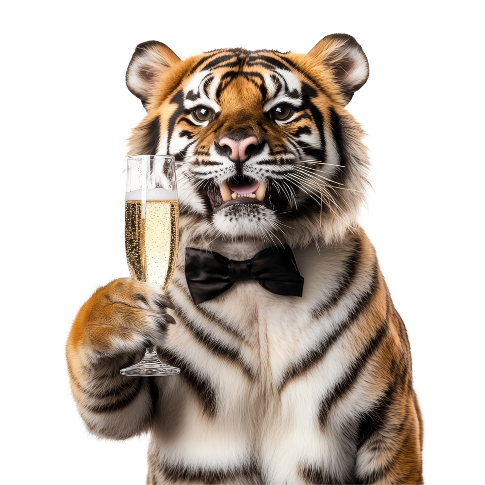 A humorous tiger in a bow tie enjoys a glass of champagne against a simple transparent background, Funny Tiger Holding Champagne Glass On transparent background Celebration Concept png
