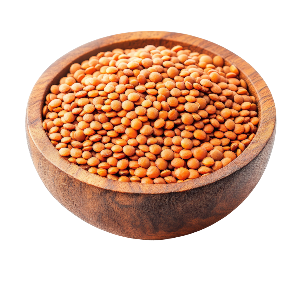 Lentils in a wooden bowl isolated on a transparent background perfect for healthy meal preparation and cooking ideas, lentils in wood bowl isolated on transparent background png