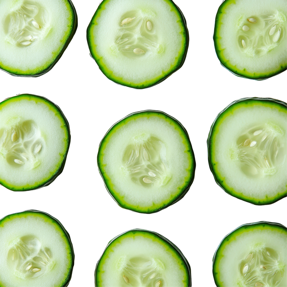 Fresh cucumber slices arranged in an attractive pattern on a transparent background for culinary presentations or healthy recipes, Cucumber slices on transparent background png