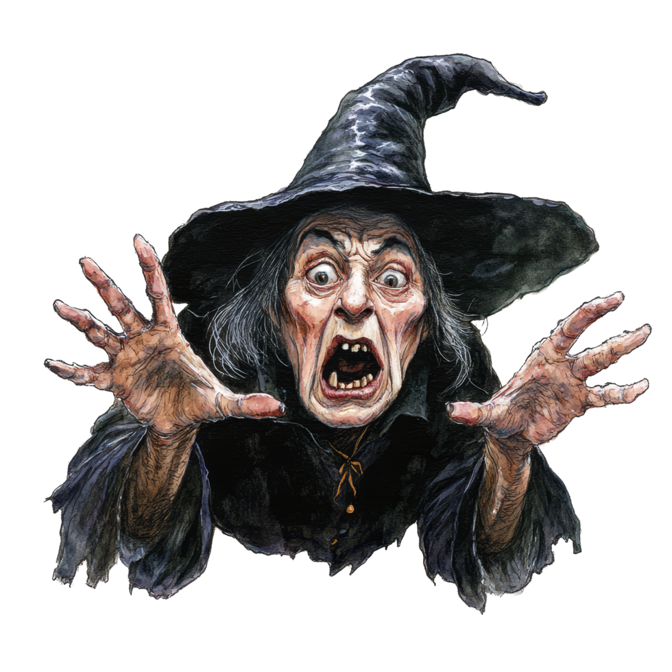 A frightened witch with wild hair and outstretched hands against a stark transparent background, Scared Witch on transparent background png