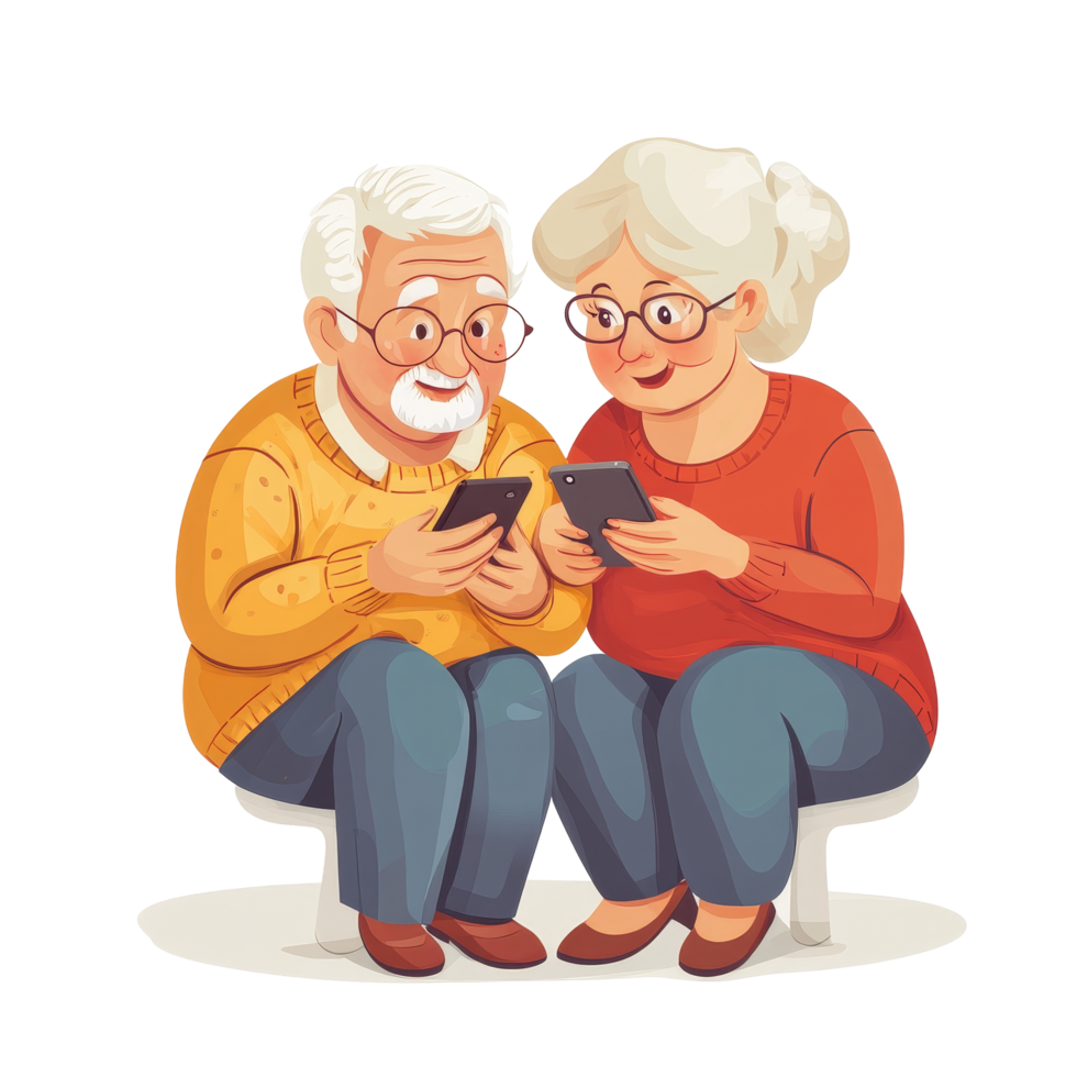 Elderly couple enjoying a shared moment while watching a phone together indoors, AIGenerated Cartoon Elderly Couple Watching Phone, transparent background png