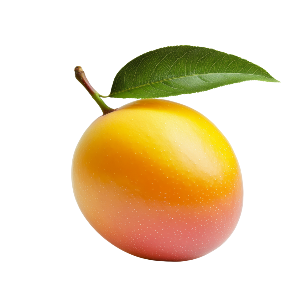 Fresh mango with a green leaf isolated on a clean transparent background showcasing its vibrant colors and natural shine, mango isolated on transparent background png