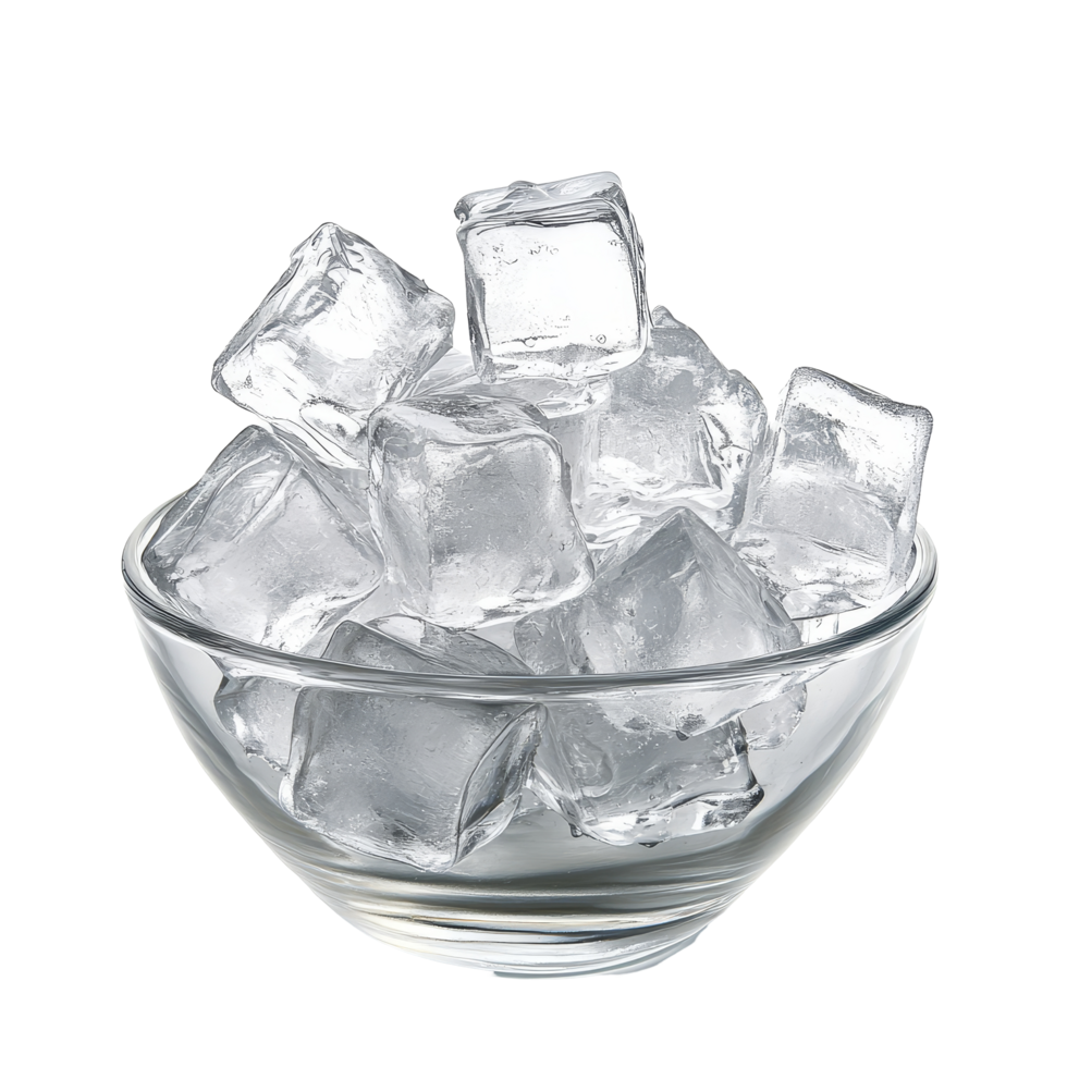 Fresh ice cubes piled in a clear bowl against a clean transparent background for beverage cooling and presentation, ice cubes in the bowl on transparent background png