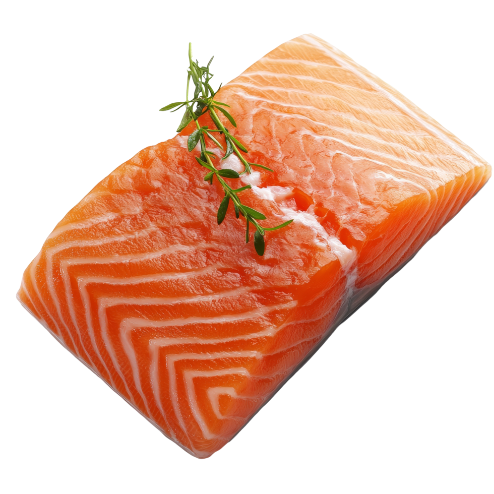 Fresh fillet of raw salmon garnished with herbs, ideal for sushi or sashimi preparation at a culinary kitchen, fillet raw salmon png