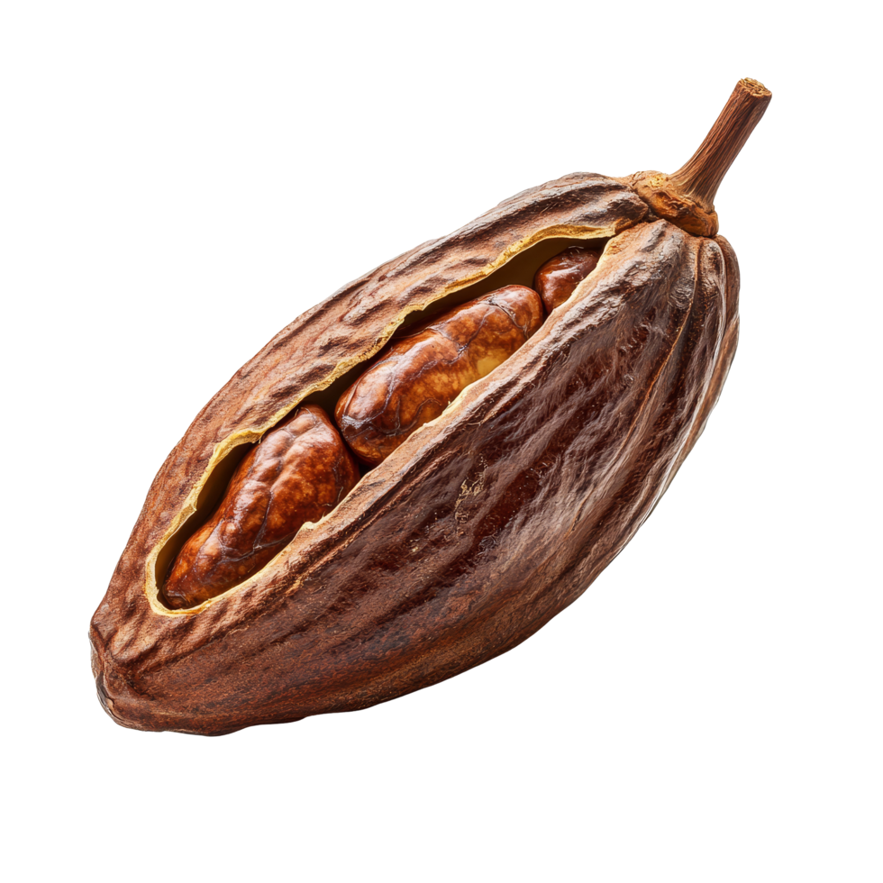 Cocoa pod isolated on a transparent background showcasing its rich texture and natural colors, Cocoa pod isolated on transparent background png