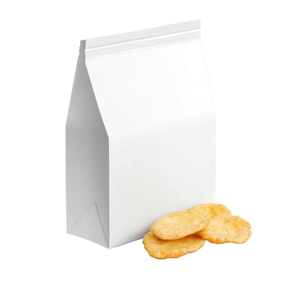 Cut open blank snack packaging with crisp chips isolated on a transparent background in studio lighting, Cut open blank snack packaging isolated png