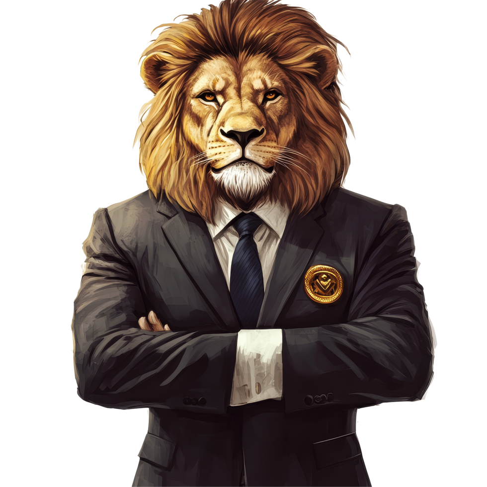 Assertive lion dressed in a suit stands confidently against a transparent background, showcasing authority, Assertive Lion Boss in Suit on transparent backgroundConceptual Artwork png