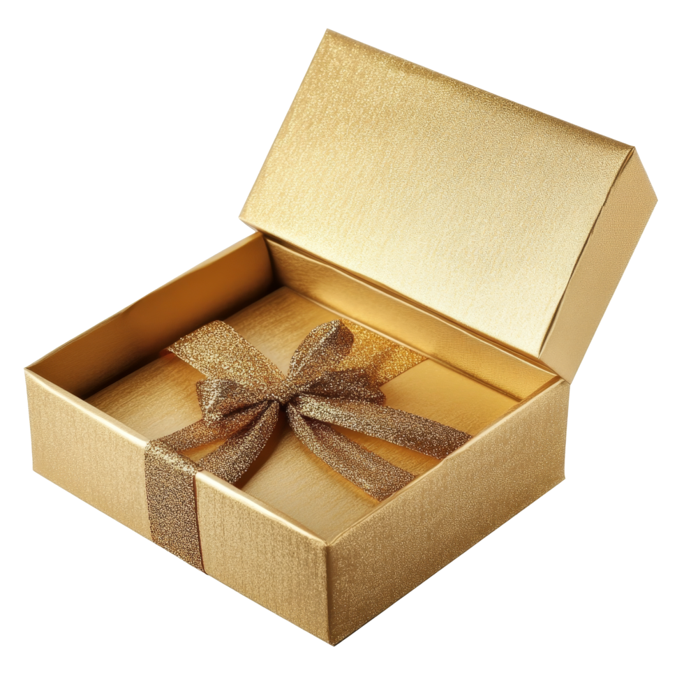Elegant gold open gift box with ribbon showcasing a surprise inside perfect for special occasions and celebrations, Gold open gift box with ribbon isolated png