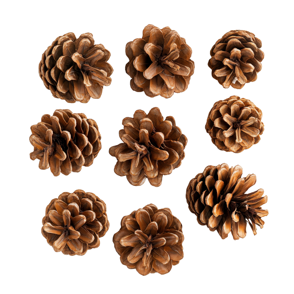 Pine cones displayed together on a clean transparent background showcasing their natural textures and forms, pine cones isolated on transparent background png