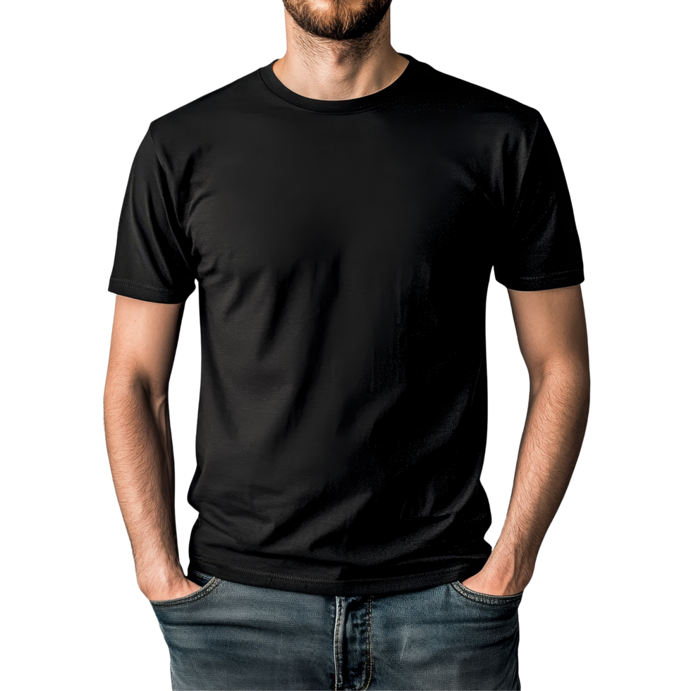 Black tshirt mockup displayed on a man standing against a transparent background with hands in pockets, black tshirt mockup on a man, file of isolated object with shadow on transparent background png