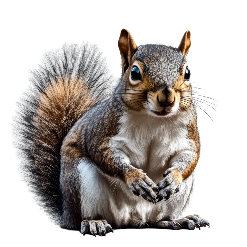 A curious squirrel sitting upright with its paws together on a transparent background in a natural pose, Squirrel on transparent background png