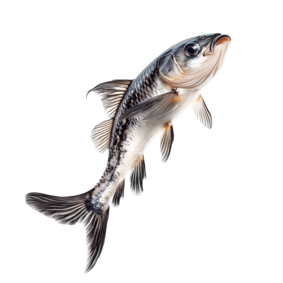 Dynamic fish in midleap against a pure transparent background showcasing its graceful movement and distinct features, Dynamic Fish in MidLeap isolated on transparent background png