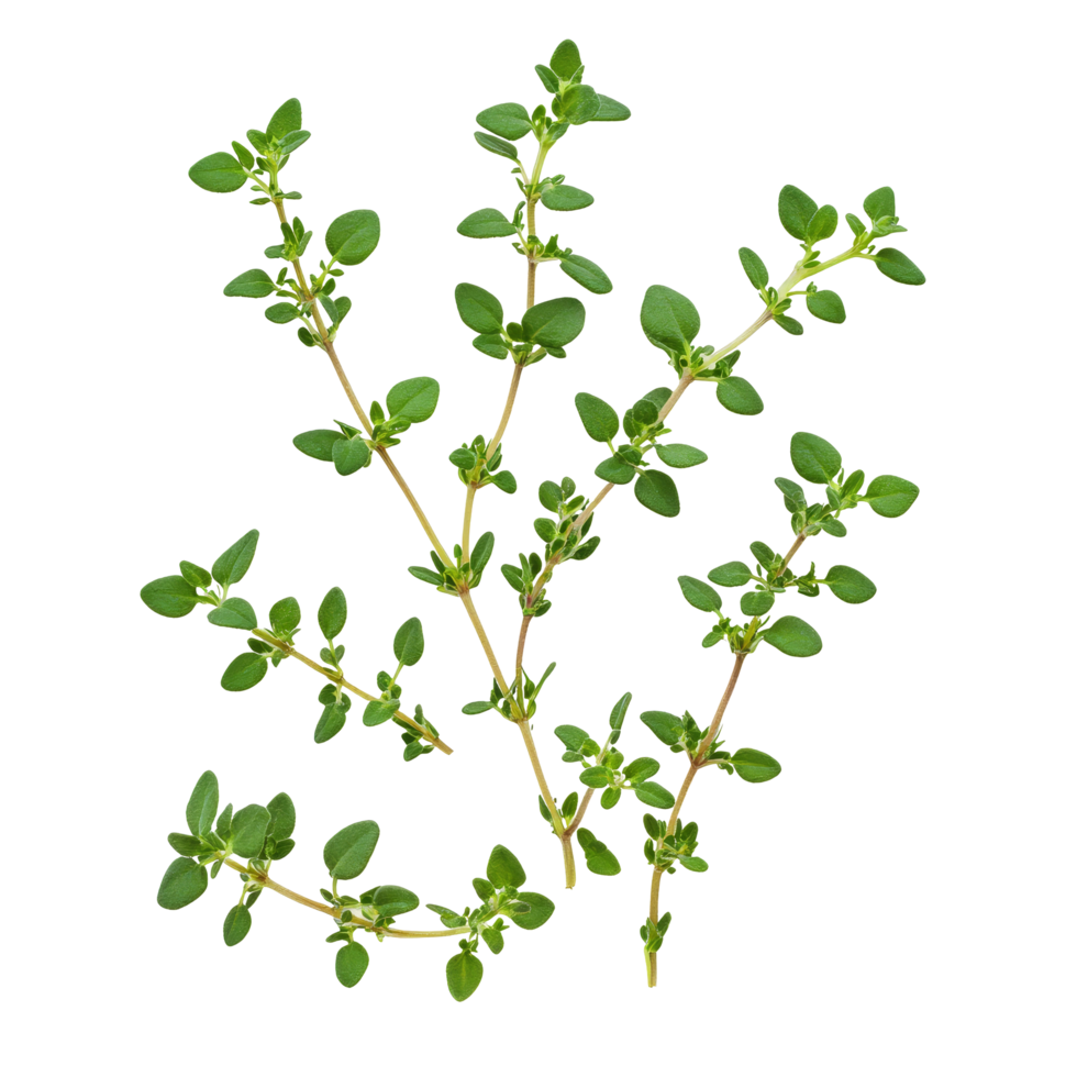 Fresh thyme leaves isolated on a clean transparent background for culinary and aromatic use in various dishes, thyme leaves isolated on transparent background png