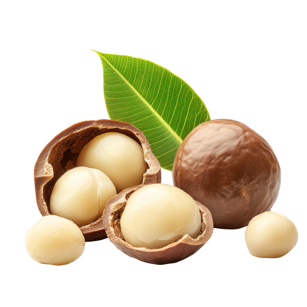 Fresh macadamia nuts with green leaf arranged artfully on a crisp transparent background, macadamia nuts with leaf isolated on transparent background png