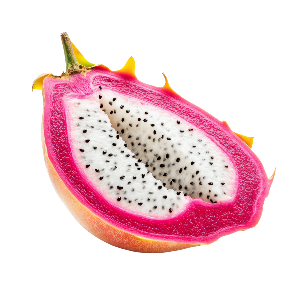Half dragon fruit pitaya showcasing vibrant skin and speckled flesh isolated on a transparent background, Half dragon fruit, pitaya isolated on transparent background png