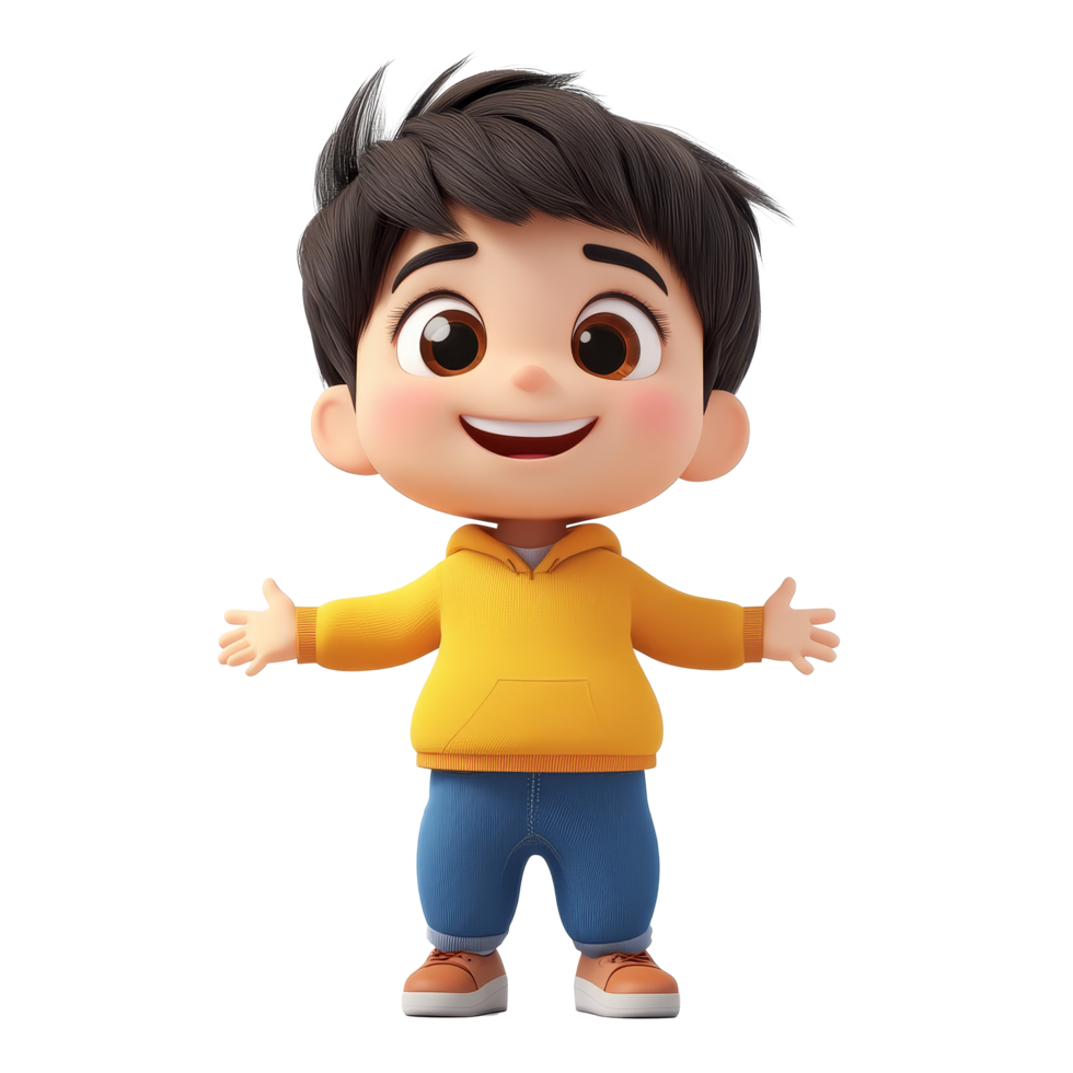 A cheerful young child stands with outstretched arms, smiling joyfully against a plain background, 3d cartoon of little child isolated on transparent background png