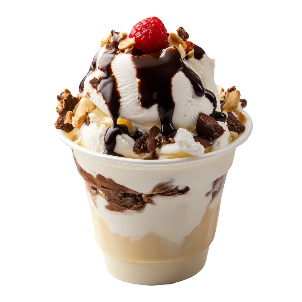 Delicious ice cream sundae with toppings served in a cup in a bright setting, Delicious ice cream sundae in a cup png