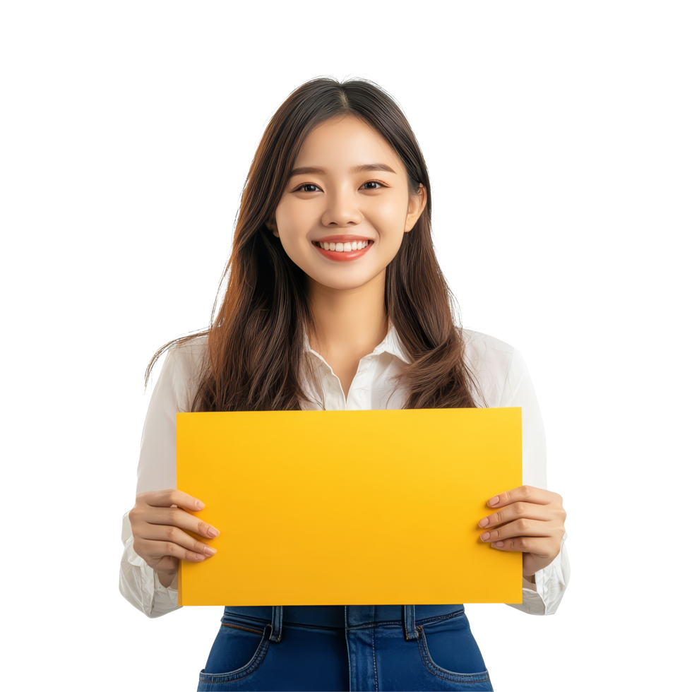 Cheerful young Asian business woman holds up a bright yellow sign in a welllit studio during the day, Happy young Asian business look woman shows yellow mock up car with OK hand sign png