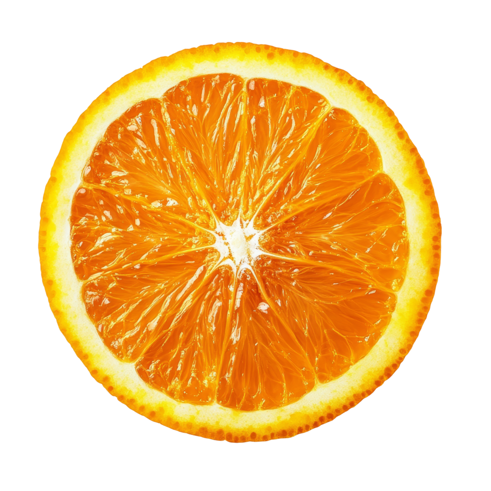 Freshly sliced ripe orange set against a clean transparent background showcases vibrant color and juicy texture, ripe orange slice on transparent background png