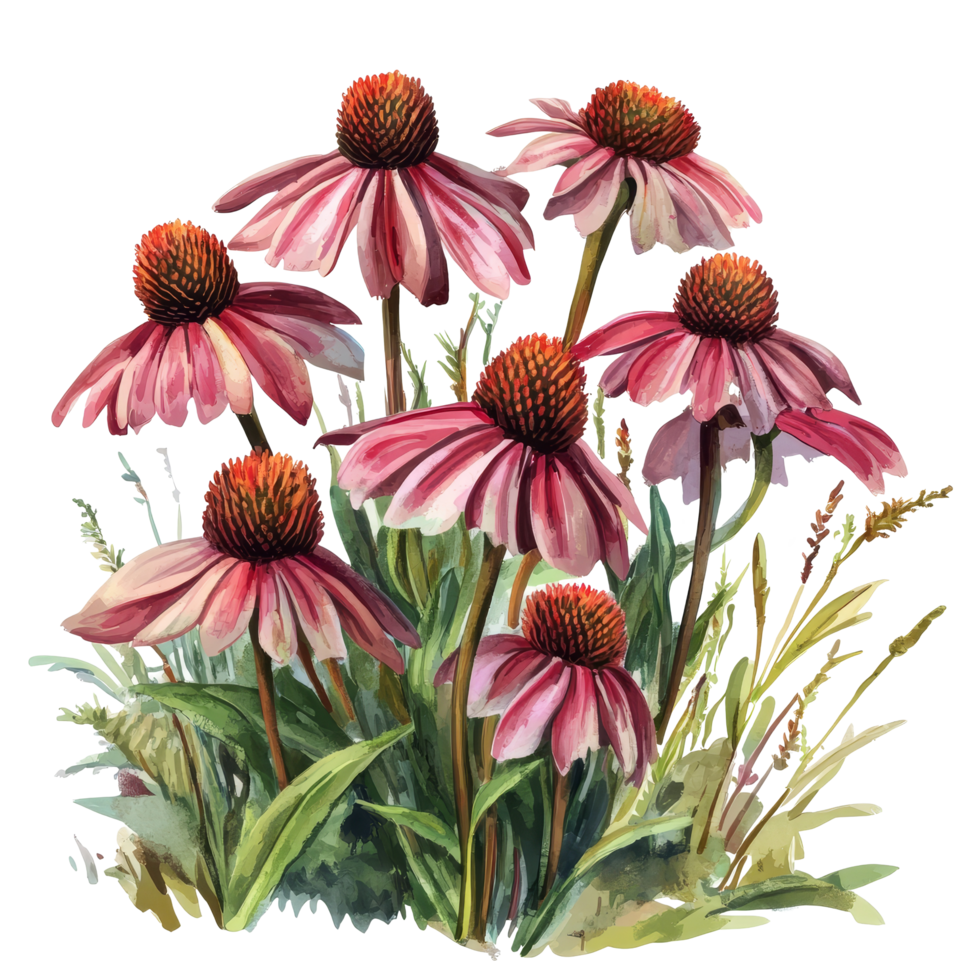 Beautiful coneflower arrangement with vibrant pink petals set against a clean transparent background showcasing natural elegance, coneflowers flowers isolated transparent background png